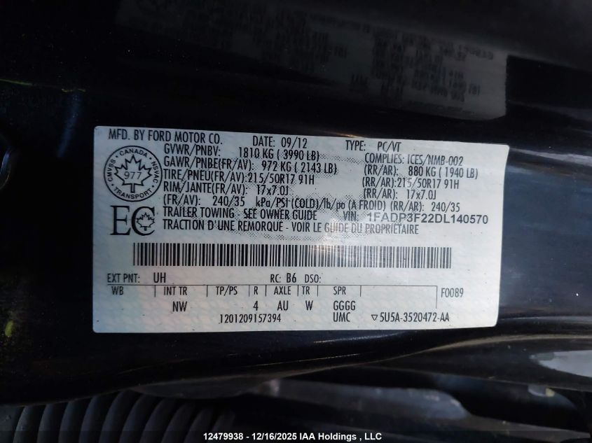 2013 Ford Focus Se VIN: 1FADP3F22DL140570 Lot: 12479938