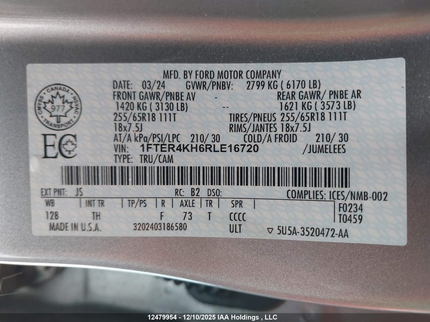 2024 Ford Ranger VIN: 1FTER4KH6RLE16720 Lot: 12479954