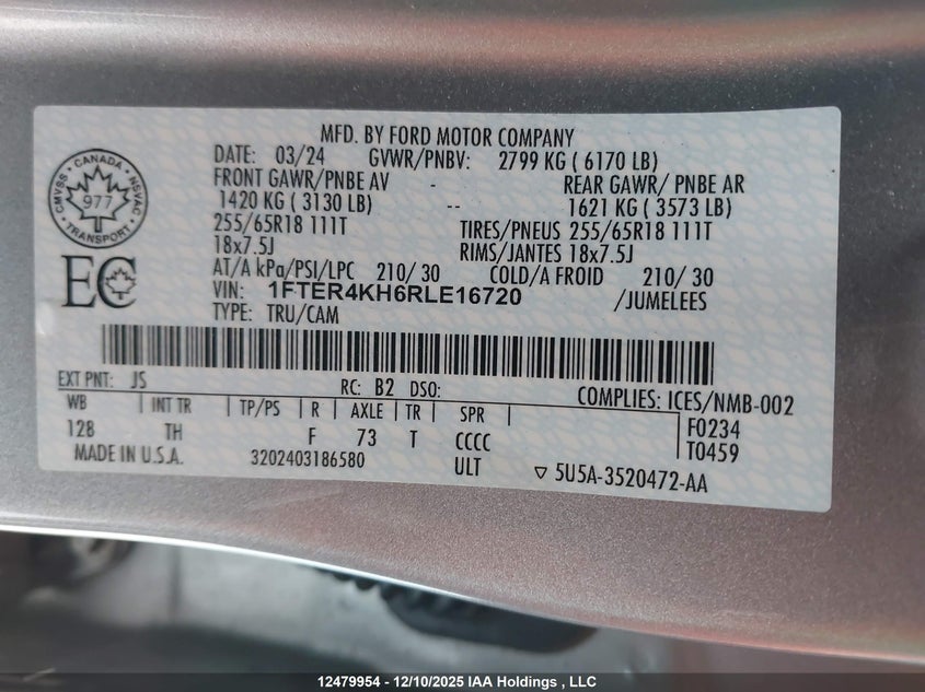 2024 Ford Ranger VIN: 1FTER4KH6RLE16720 Lot: 12479954