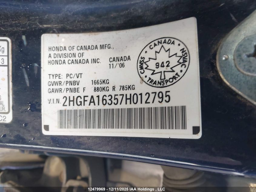 2007 Honda Civic Dx-G VIN: 2HGFA16357H012795 Lot: 12479969