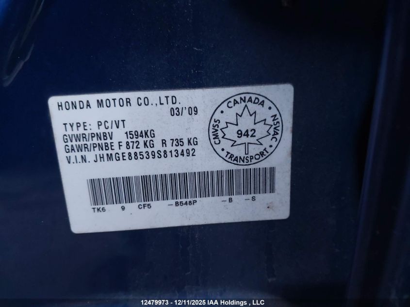 2009 Honda Fit VIN: JHMGE88539S813492 Lot: 12479973