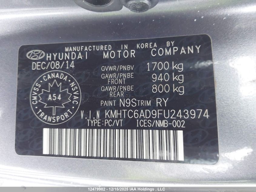 2015 Hyundai Veloster Tech VIN: KMHTC6AD9FU243974 Lot: 12479982