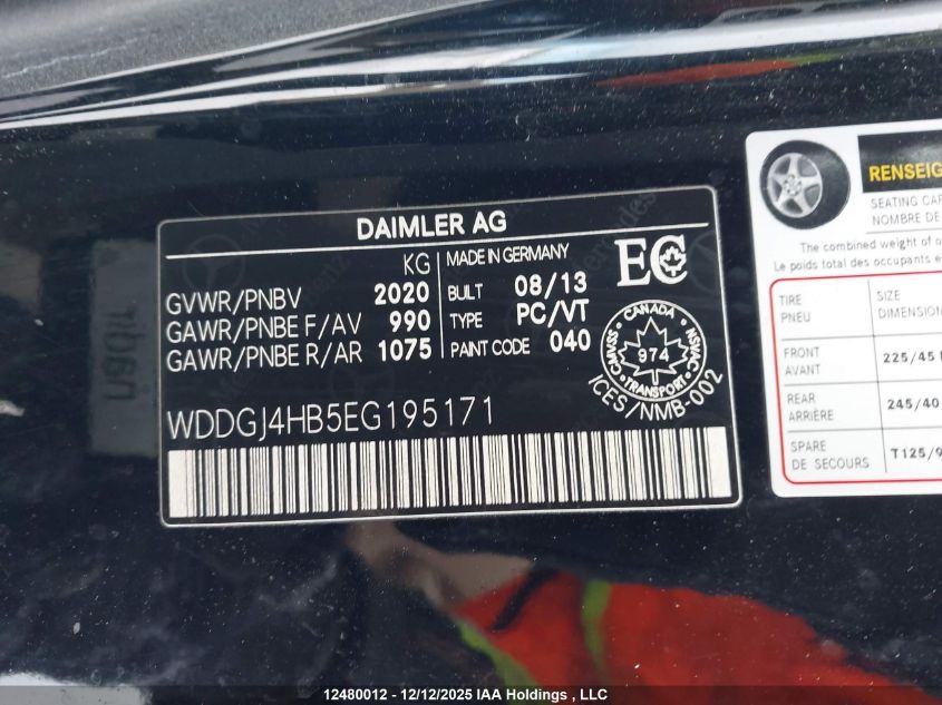 2014 Mercedes-Benz C 250 VIN: WDDGJ4HB5EG195171 Lot: 12480012