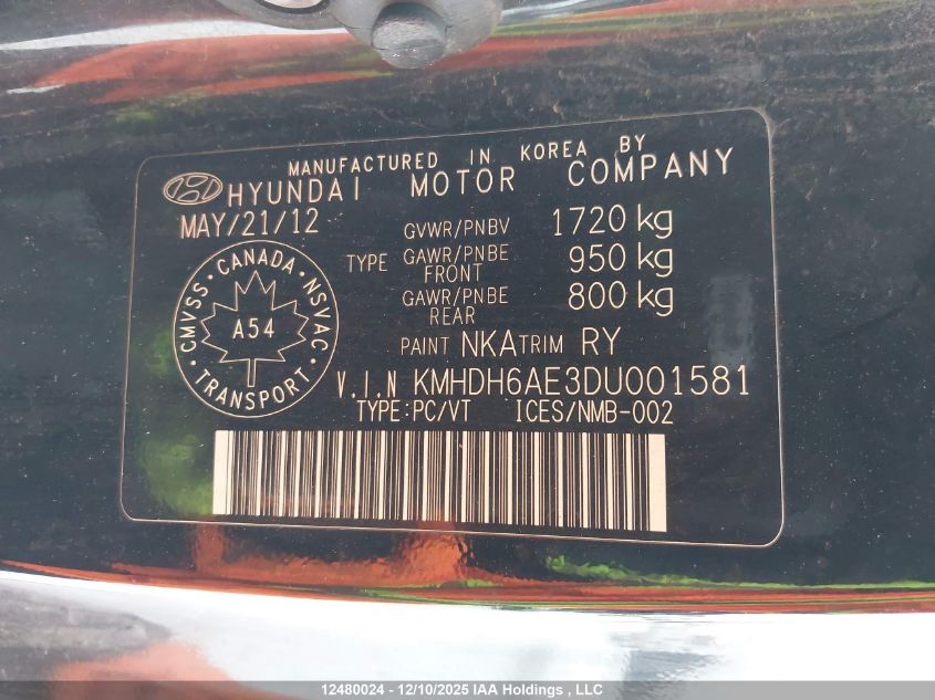 2013 Hyundai Elantra Se VIN: KMHDH6AE3DU001581 Lot: 12480024