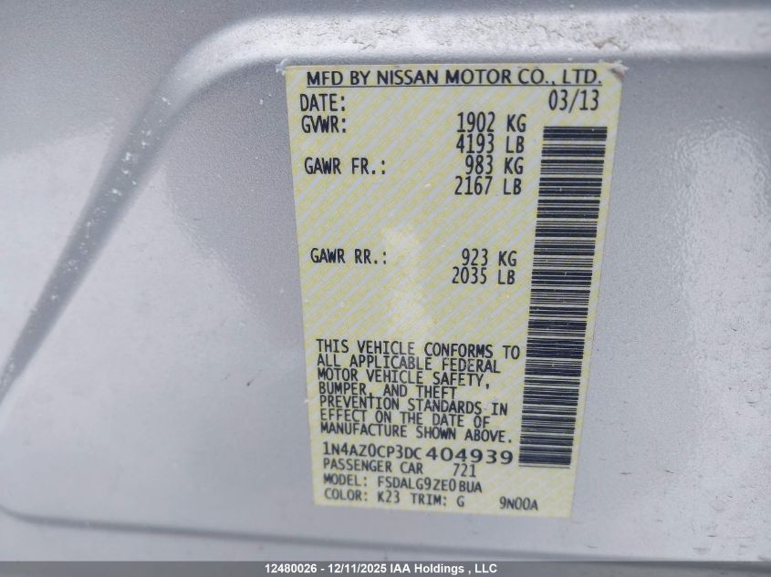 2013 Nissan Leaf Sl VIN: 1N4AZ0CP3DC404939 Lot: 12480026