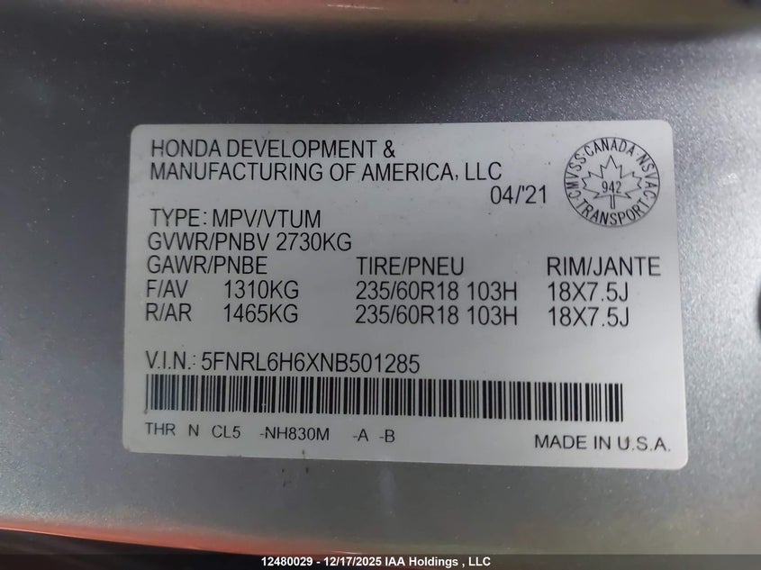 2022 Honda Odyssey Ex-L VIN: 5FNRL6H6XNB501285 Lot: 12480029