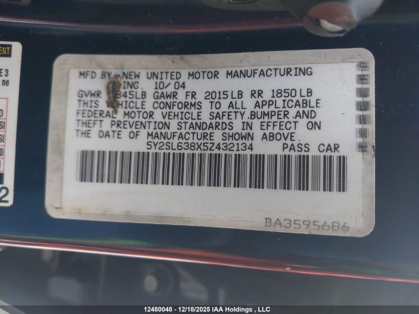 2005 Pontiac Vibe VIN: 5Y2SL638X5Z432134 Lot: 12480048