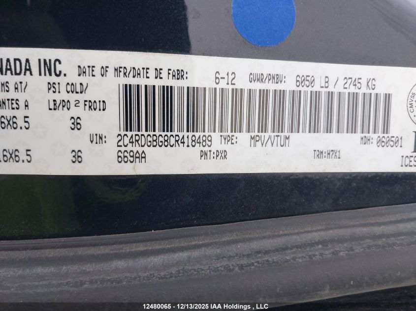 2012 Dodge Grand Caravan Se/Sxt VIN: 2C4RDGBG8CR418489 Lot: 12480065