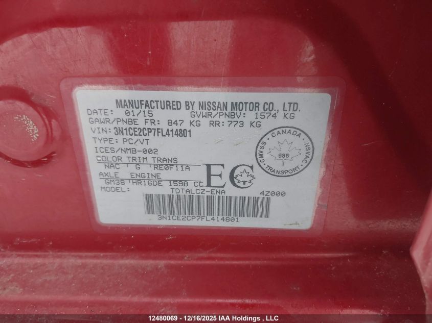 2015 Nissan Versa Note 1.6 S/1.6 Sl/1.6 Sr/1.6 Sv VIN: 3N1CE2CP7FL414801 Lot: 12480069