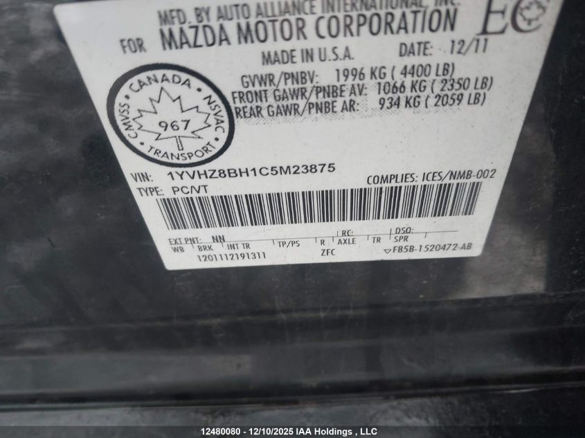 2012 Mazda 6 I VIN: 1YVHZ8BH1C5M23875 Lot: 12480080