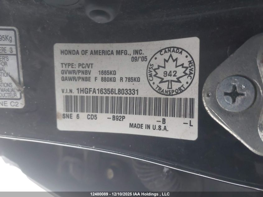 2006 Honda Civic Dx Vp VIN: 1HGFA16356L803331 Lot: 12480089