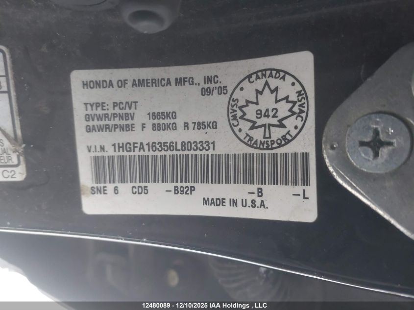 2006 Honda Civic Dx Vp VIN: 1HGFA16356L803331 Lot: 12480089