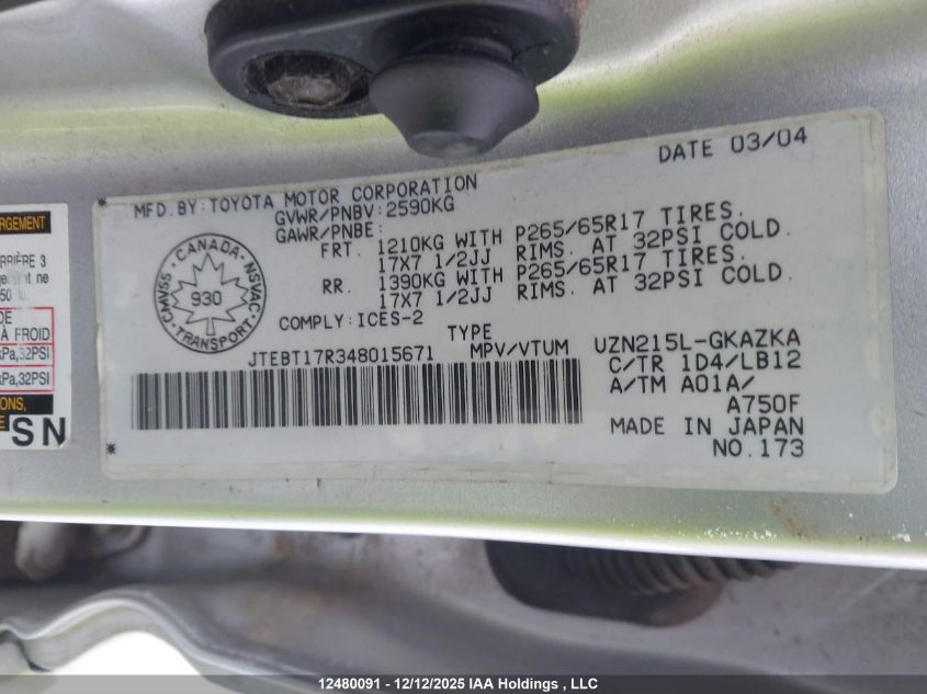 2004 Toyota 4Runner Limited VIN: JTEBT17R348015671 Lot: 12480091