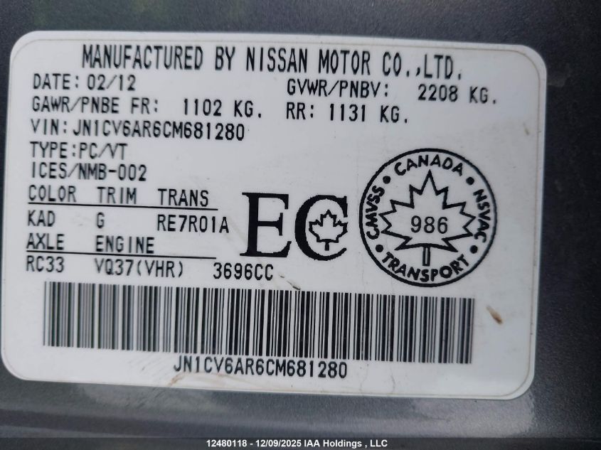 2012 Infiniti G37X VIN: JN1CV6AR6CM681280 Lot: 12480118