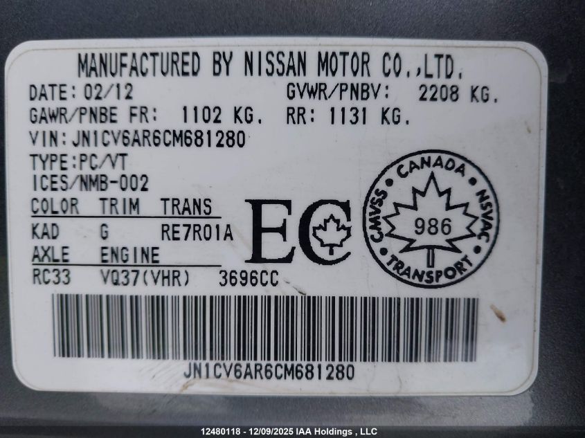 2012 Infiniti G37X VIN: JN1CV6AR6CM681280 Lot: 12480118