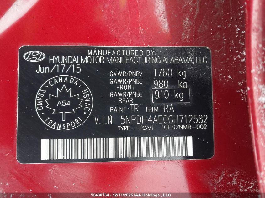 2016 Hyundai Elantra VIN: 5NPDH4AE0GH712582 Lot: 12480134