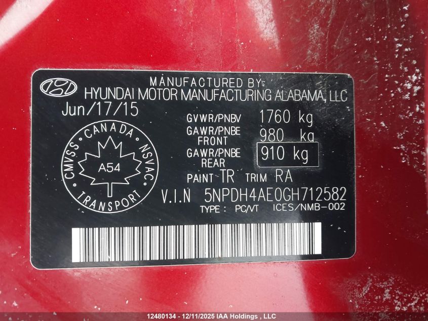 2016 Hyundai Elantra VIN: 5NPDH4AE0GH712582 Lot: 12480134