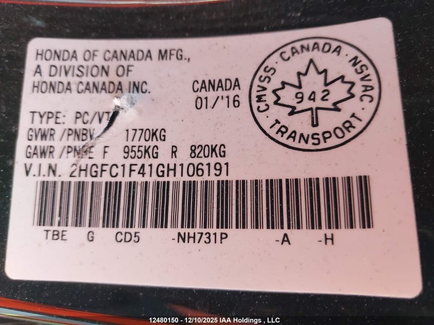 2016 Honda Civic Ex-T VIN: 2HGFC1F41GH106191 Lot: 12480150