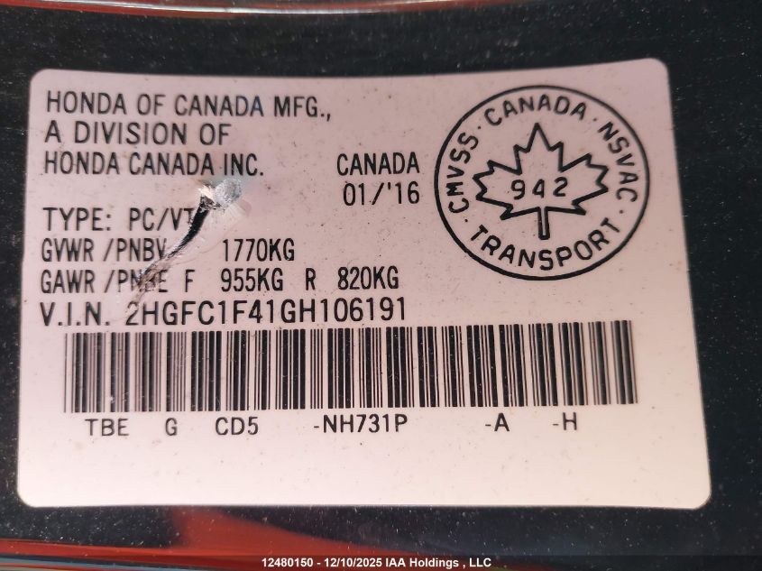 2016 Honda Civic Ex-T VIN: 2HGFC1F41GH106191 Lot: 12480150