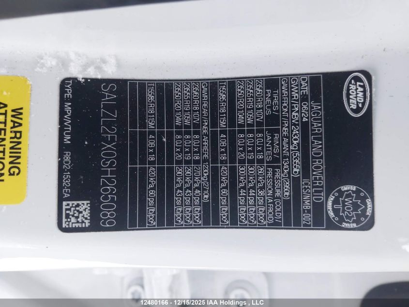 2025 Land Rover Range Rover Evoque P250 Dynamic Se VIN: SALZL2FX0SH265089 Lot: 12480166