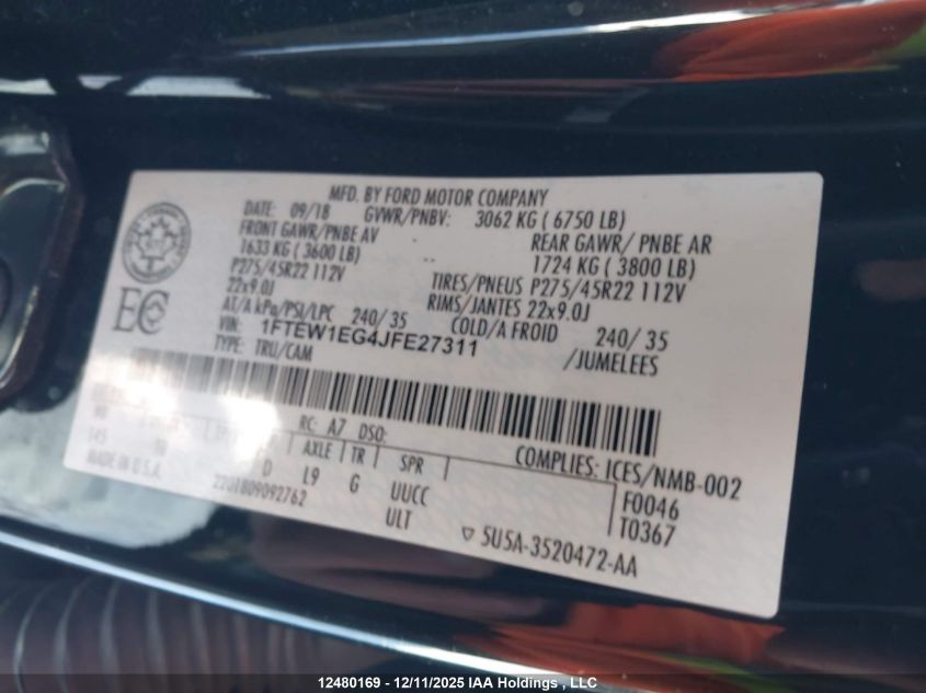 2018 Ford F-150 Limited VIN: 1FTEW1EG4JFE27311 Lot: 12480169
