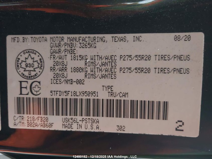 2020 Toyota Tundra VIN: 5TFDY5F18LX950951 Lot: 12480182