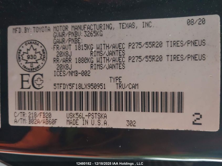 2020 Toyota Tundra VIN: 5TFDY5F18LX950951 Lot: 12480182