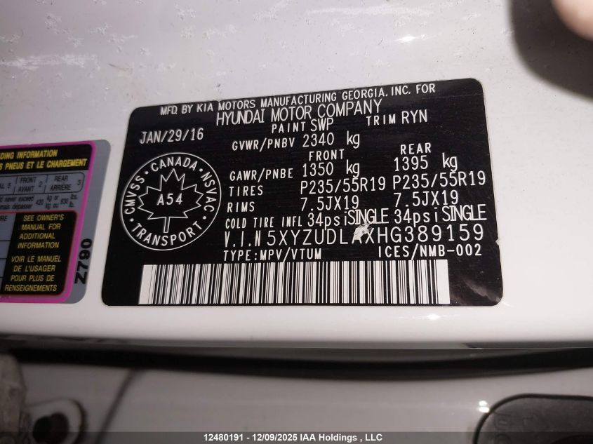 2017 Hyundai Santa Fe Sport VIN: 5XYZUDLAXHG389159 Lot: 12480191