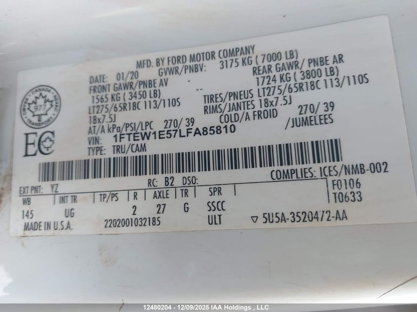 2020 Ford F150 Supercrew VIN: 1FTEW1E57LFA85810 Lot: 12480204