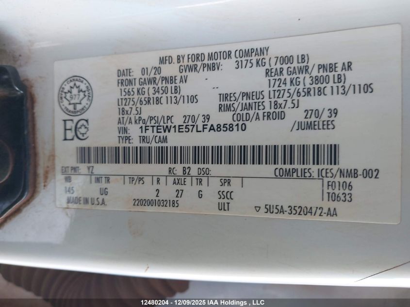 2020 Ford F150 Supercrew VIN: 1FTEW1E57LFA85810 Lot: 12480204