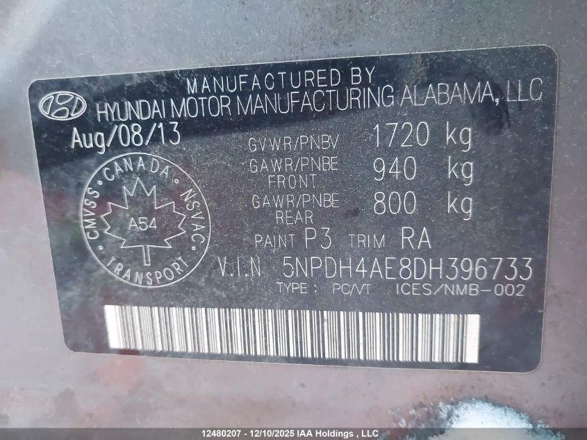 2013 Hyundai Elantra Gl VIN: 5NPDH4AE8DH396733 Lot: 12480207