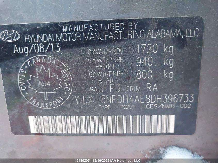 2013 Hyundai Elantra Gl VIN: 5NPDH4AE8DH396733 Lot: 12480207