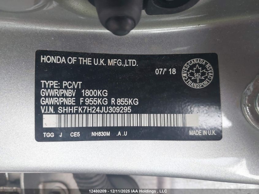 2018 Honda Civic Lx VIN: SHHFK7H24JU309295 Lot: 12480209