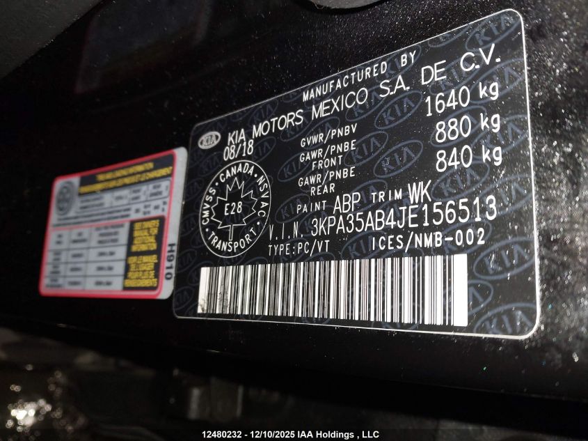 2018 Kia Rio Ex/Ex Sport/Ex Tech Navi VIN: 3KPA35AB4JE156513 Lot: 12480232