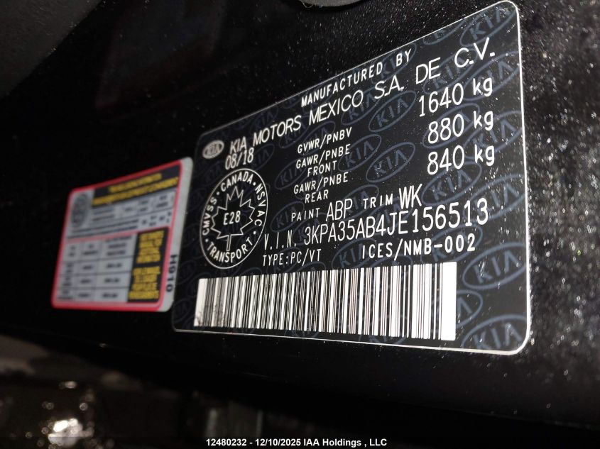 2018 Kia Rio Ex/Ex Sport/Ex Tech Navi VIN: 3KPA35AB4JE156513 Lot: 12480232