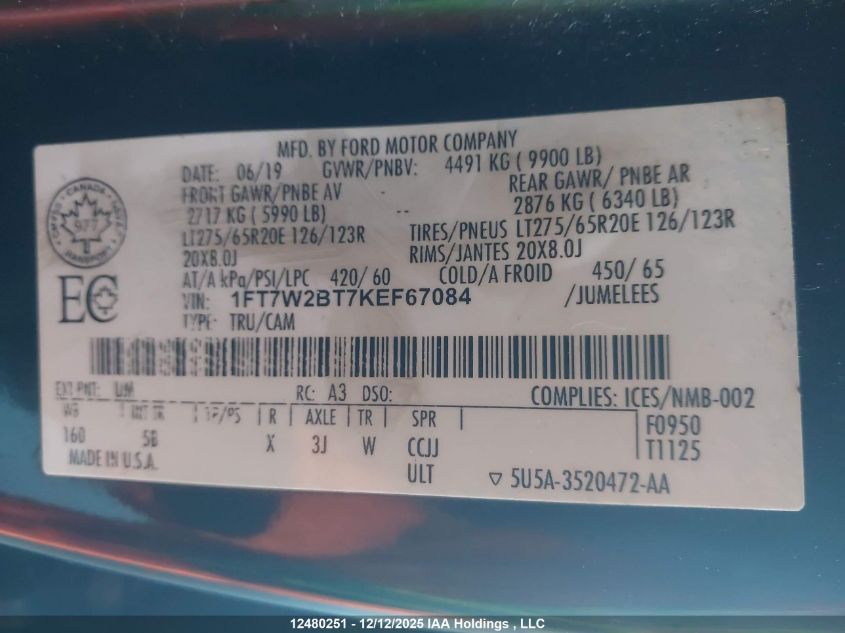 2019 Ford F250 Super Duty VIN: 1FT7W2BT7KEF67084 Lot: 12480251