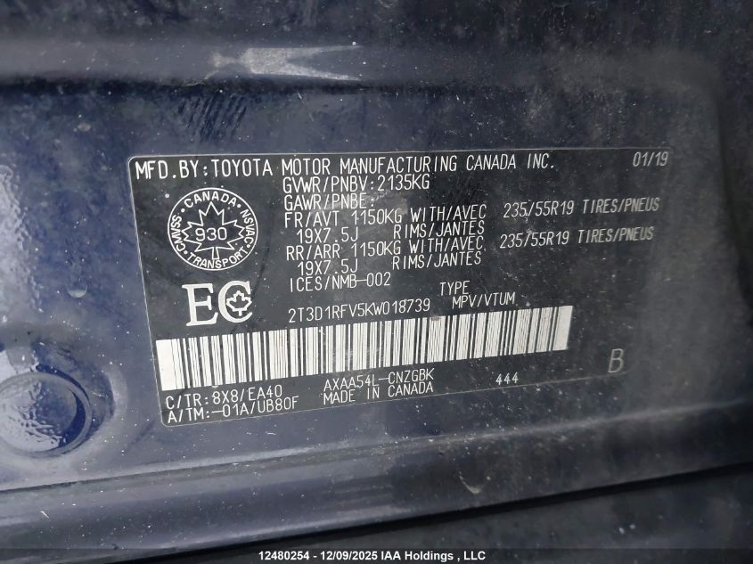 2019 Toyota Rav4 Limited VIN: 2T3D1RFV5KW018739 Lot: 12480254