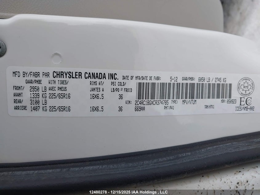 2C4RC1BGXCR374785 2012 CHRYSLER TOWN & COUNTRY photo no. 9