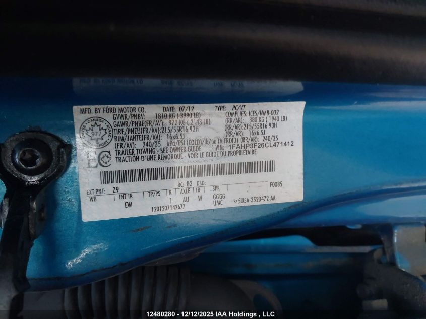 2012 Ford Focus Se VIN: 1FAHP3F26CL471412 Lot: 12480280