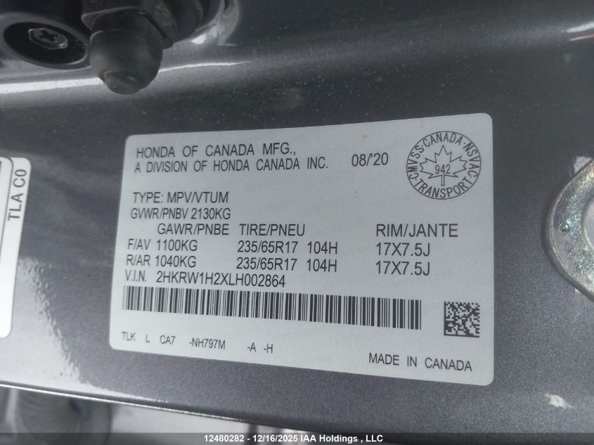 2020 Honda Cr-V Lx VIN: 2HKRW1H2XLH002864 Lot: 12480282