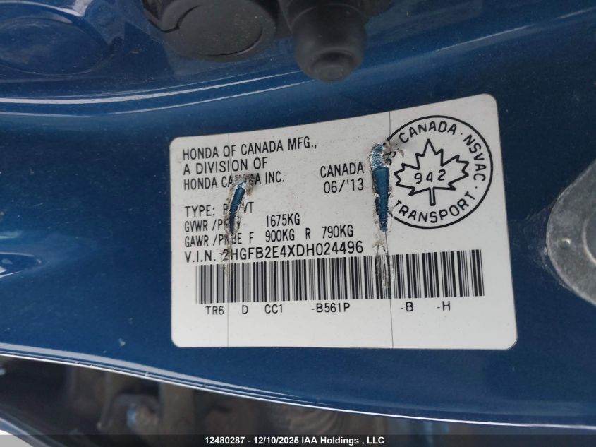 2013 Honda Civic Lx VIN: 2HGFB2E4XDH024496 Lot: 12480287