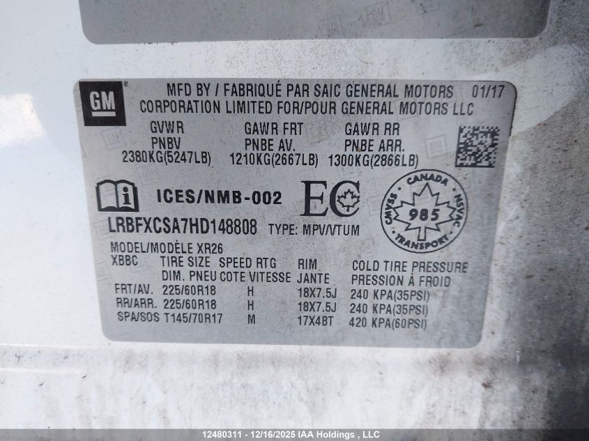 2017 Buick Envision Preferred VIN: LRBFXCSA7HD148808 Lot: 12480311