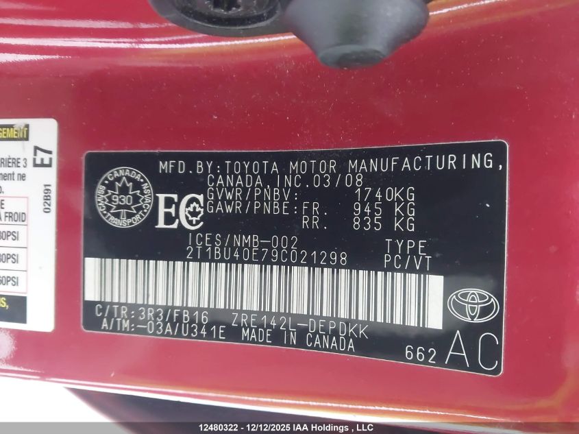 2009 Toyota Corolla S/Le/Xle VIN: 2T1BU40E79C021298 Lot: 12480322