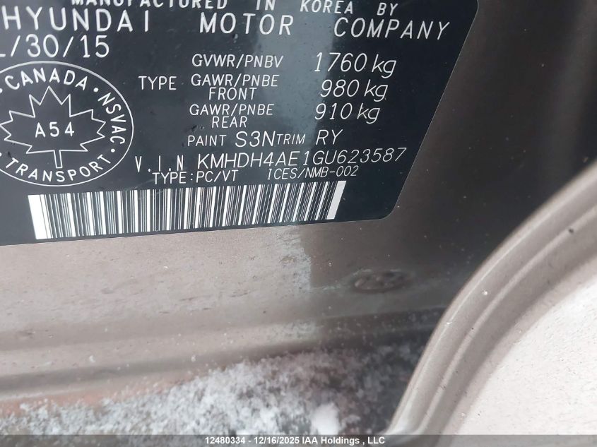 2016 Hyundai Elantra VIN: KMHDH4AE1GU623587 Lot: 12480334