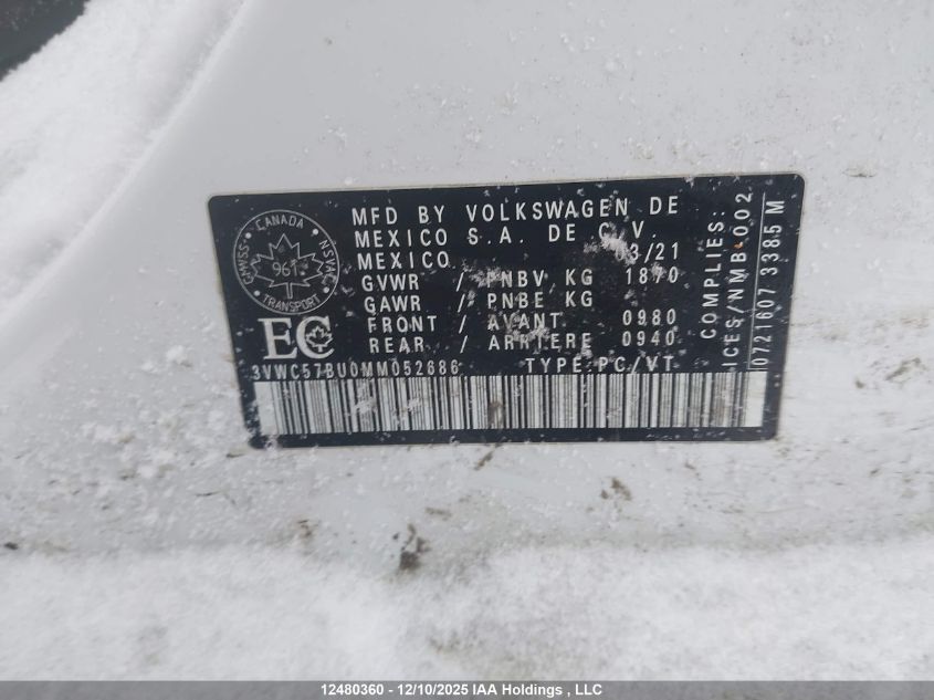 2021 Volkswagen Jetta Comfortline VIN: 3VWC57BU0MM052686 Lot: 12480360