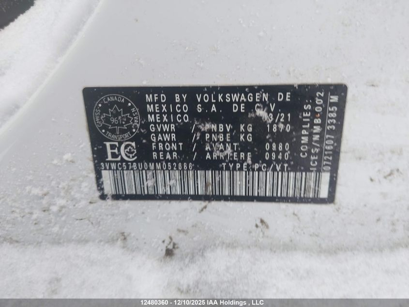 2021 Volkswagen Jetta Comfortline VIN: 3VWC57BU0MM052686 Lot: 12480360