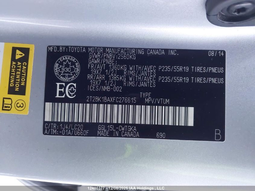 2015 Lexus Rx 350/Base/F Sport VIN: 2T2BK1BAXFC276615 Lot: 12480377