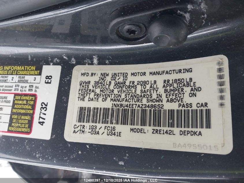 2010 Toyota Corolla Le VIN: 1NXBU4EE7AZ348652 Lot: 12480397