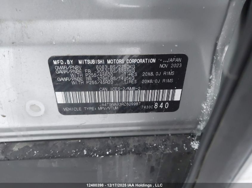 2024 Mitsubishi Outlander Gt/Gt Noir/Gt Premium/Noir VIN: JA4T5WA93RZ609987 Lot: 12480398