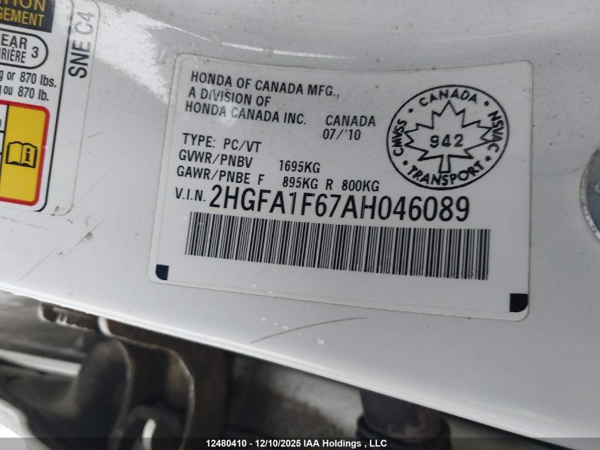 2010 Honda Civic Sport VIN: 2HGFA1F67AH046089 Lot: 12480410